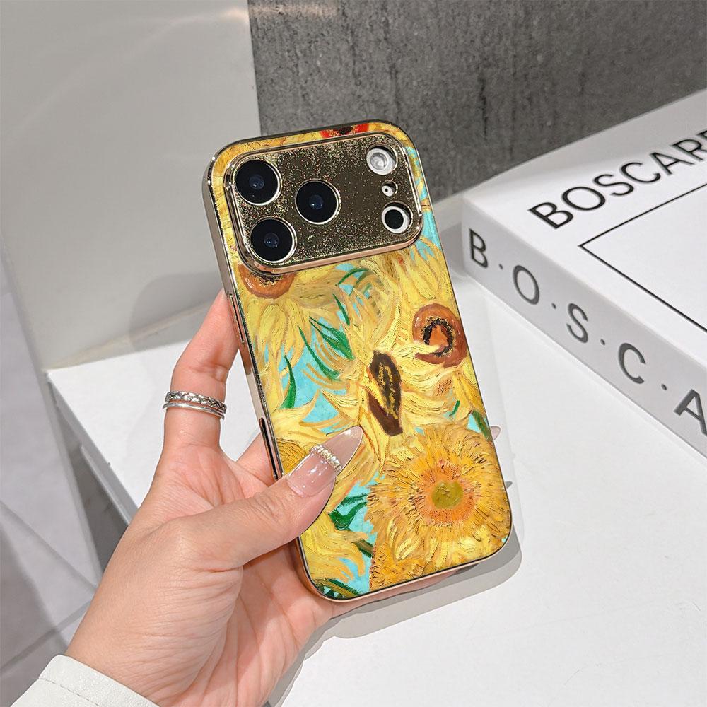 Lucky Start Phone Case For iPhone 17 16 15 14 13 12 11 Pro Max 16E Gold Electroplated glass shell Sunflowers Cover