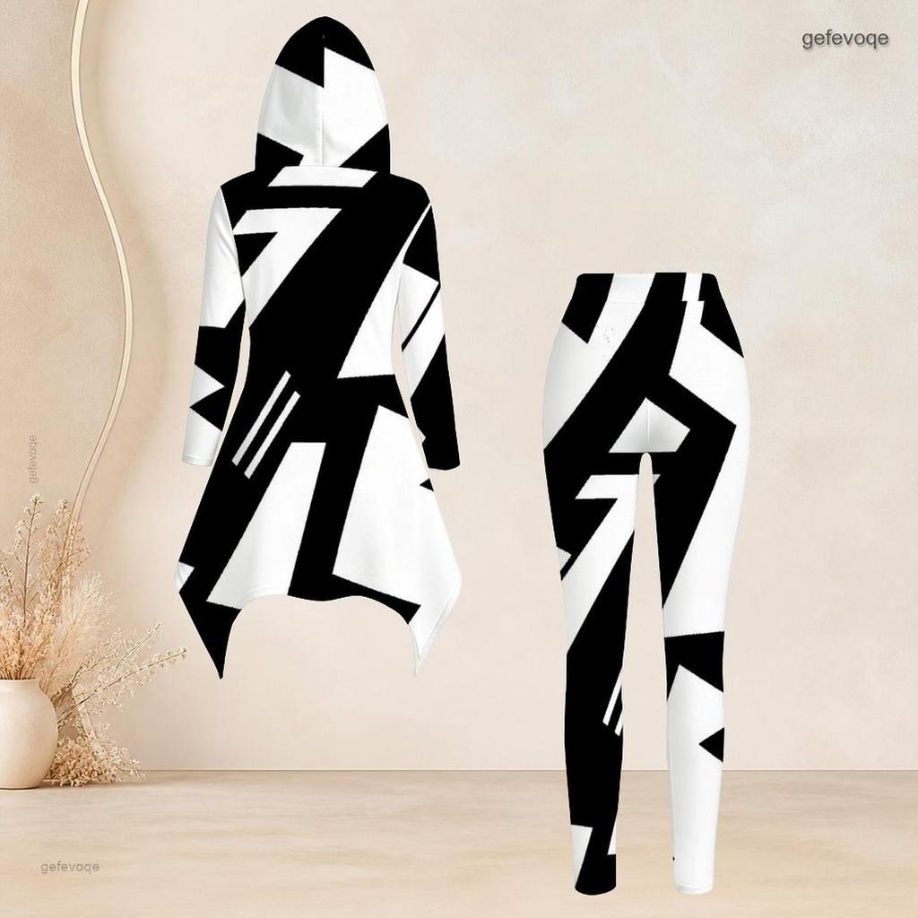 Women Plus Size Black White Printed Hooded Long Sleeve High Low Top Fitted Pants Two Piece Set