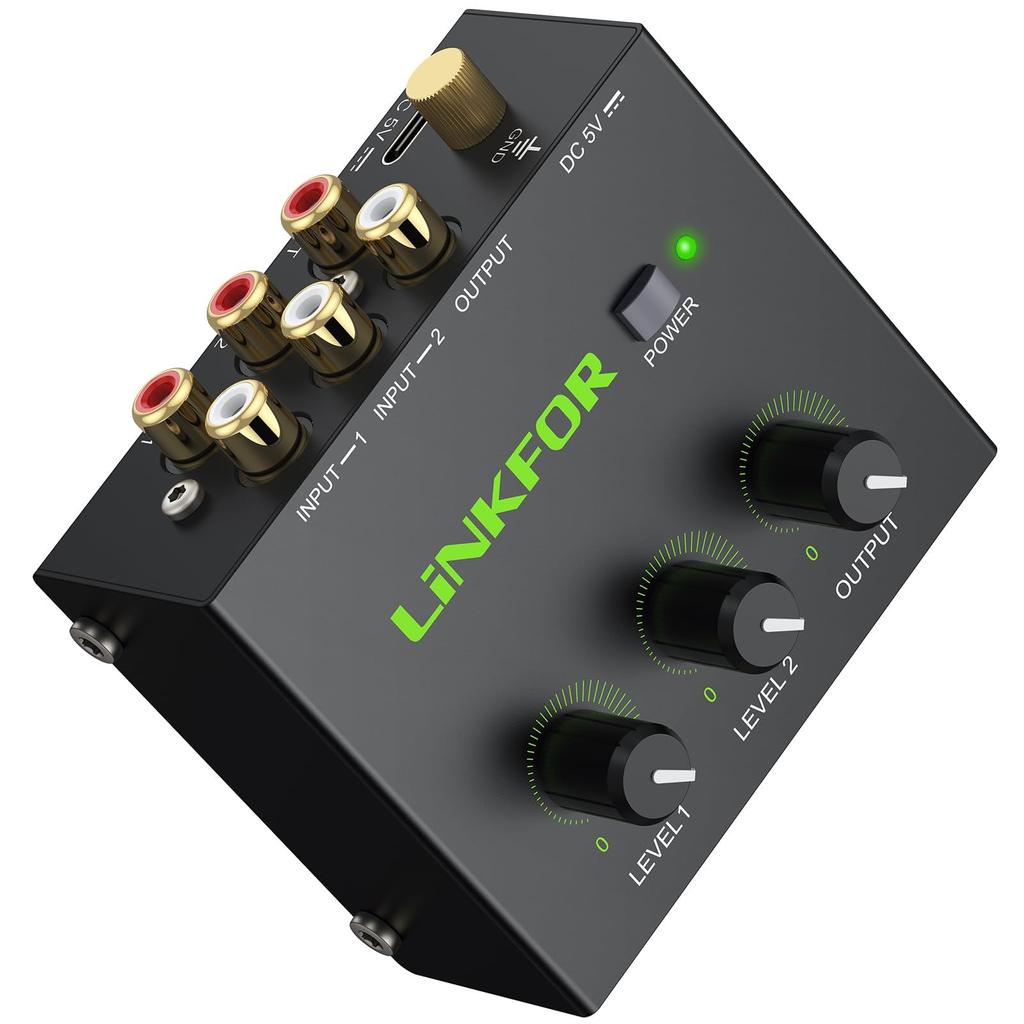 LiNKFOR Audio RCA Mini Stereo Mixer with Volume Metal Japanese Instruction Manual Included Mixer, 2-Channel Control, Gold-Plated Terminals, Case,