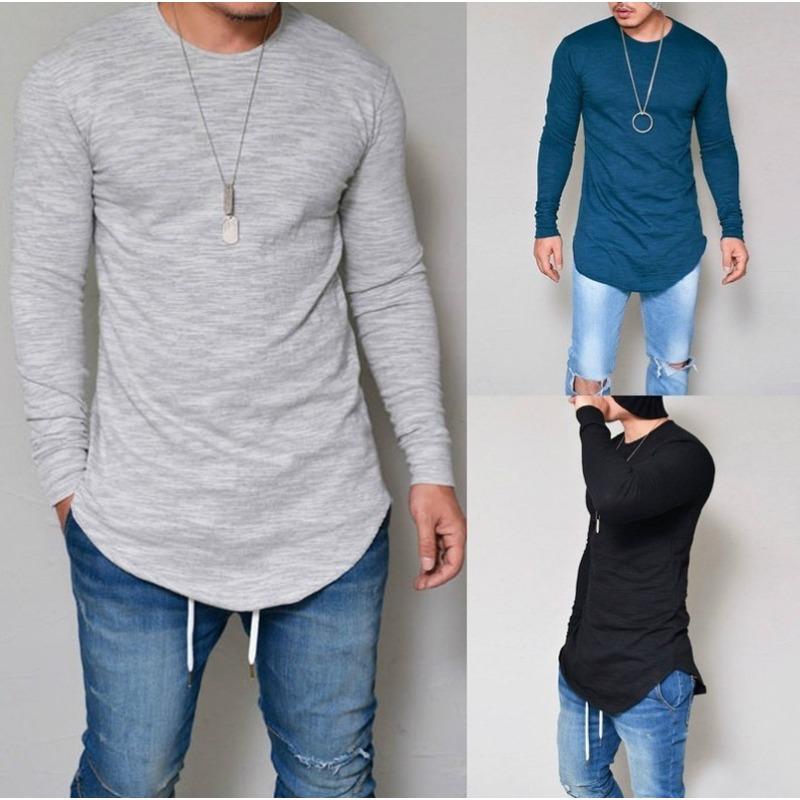Men Longline Curved Hem Long Sleeve T Shirt Slim Fit Casual Crew Neck Tees