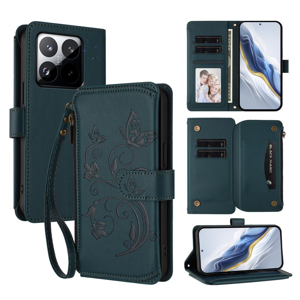 For Xiaomi 15T Leather Case Butterfly Floral Imprint Zipper Wallet Stand Cover with Wrist Strap