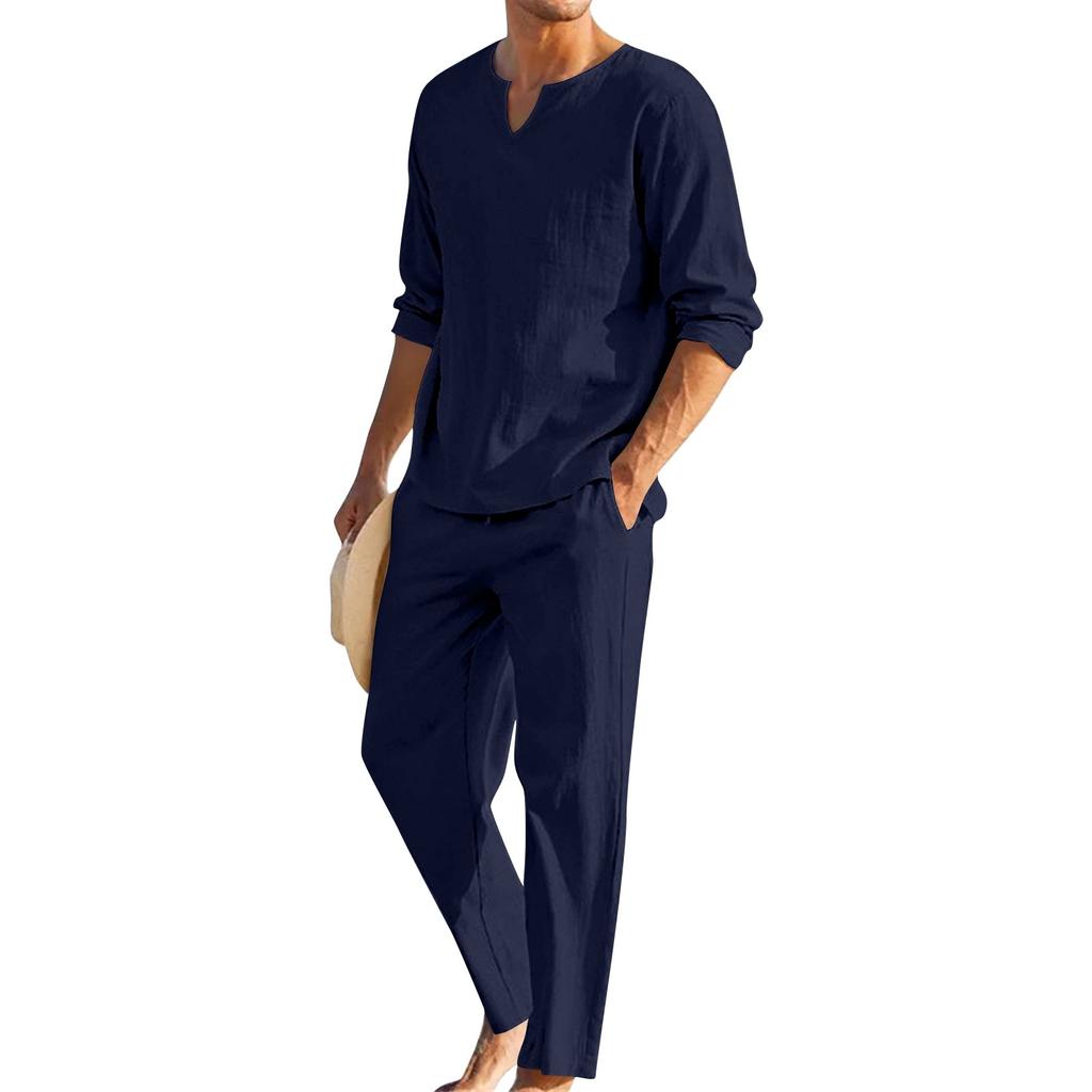 Men's Summer Cotton Linen Color Loose V-Neck Long-Sleeved Top Trousers Suit