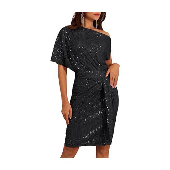 Women's Sexy Sequins Bodycon Dress Glitter One Shoulder Ruched Mini Dress Sparkly Cocktail Party