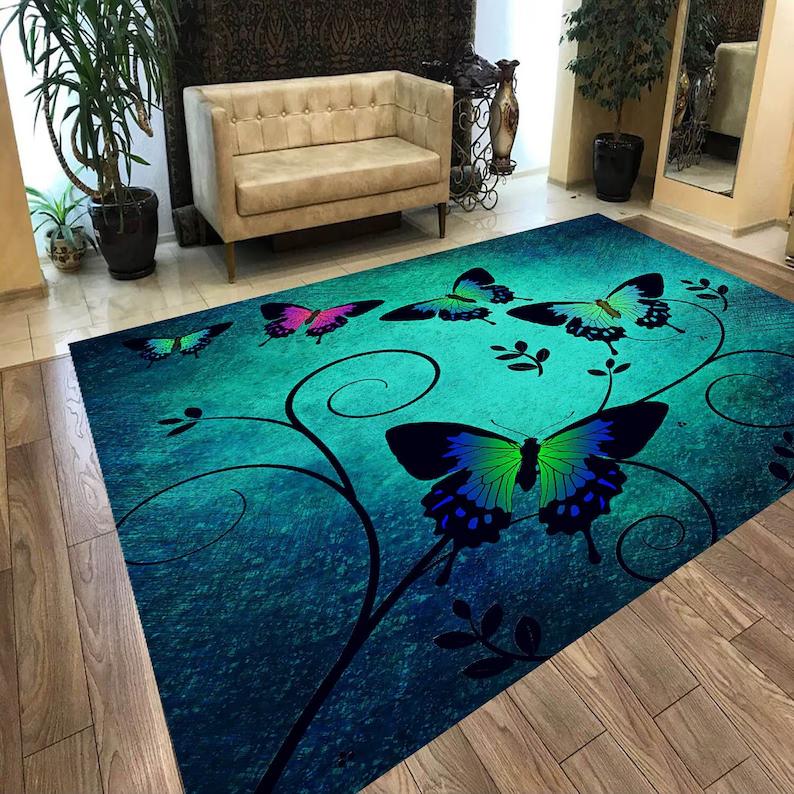 Vintage Art Deco Großer Blauer Schmetterling Floraler Teppich Retro Blühende Blumenbordüre Rutschfester Boden Teppich für Schlafzimmer Hausdekoration