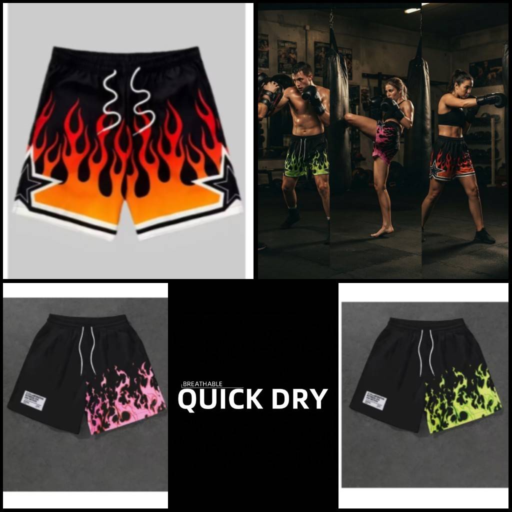 Shorts Fire Flame Pink Green 3D Print Training Muay Thai Kickboxing Boxing MMA Unisex Sport Gym Fitness Workout Quick Dry Elastic Waist