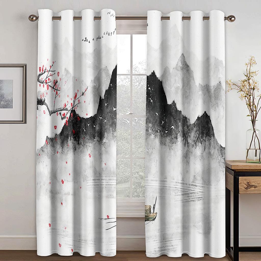 3D Ink Mountain View Curtains Art Style Bedroom Balcony Window Decorative Curtains 2 Panels