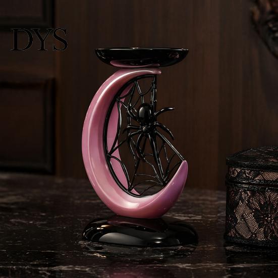 Sweet Cool Style Decor Halloween Pink Moon Spider Candle Holder, Dark Aesthetic Tray for Exquisite Ornament Pillar Candles, Gothic Resin Tabletop Home