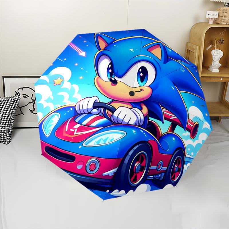 Sonic the Hedgehog Print Automatic Umbrella, 8 Rib Iron Frame, Plastic Handle, Suitable for Outdoor Travel &Daily , Ideal Gift