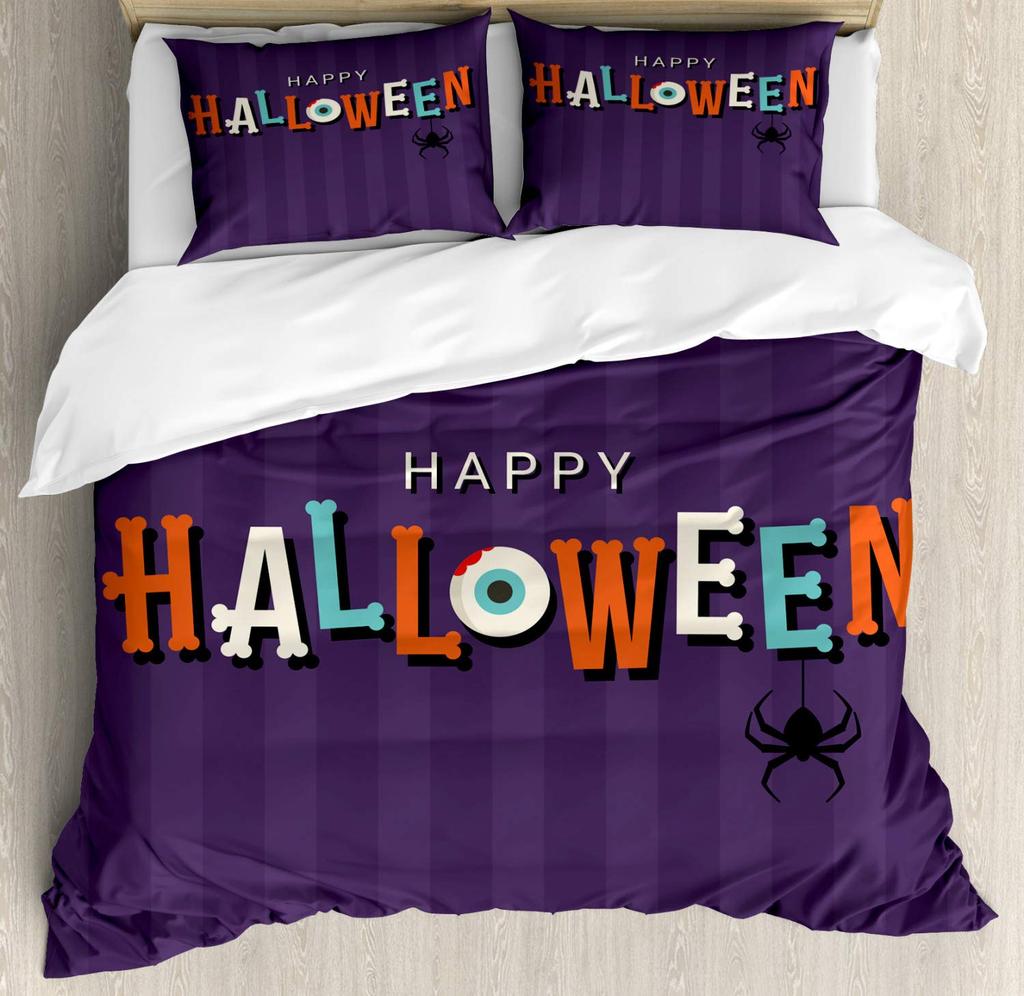 Halloween Duvet Cover Set, Spooky Carved Halloween Pumpkin Lantern Bat Bedding Set Single Twin Full Queen King Comforter Cover
