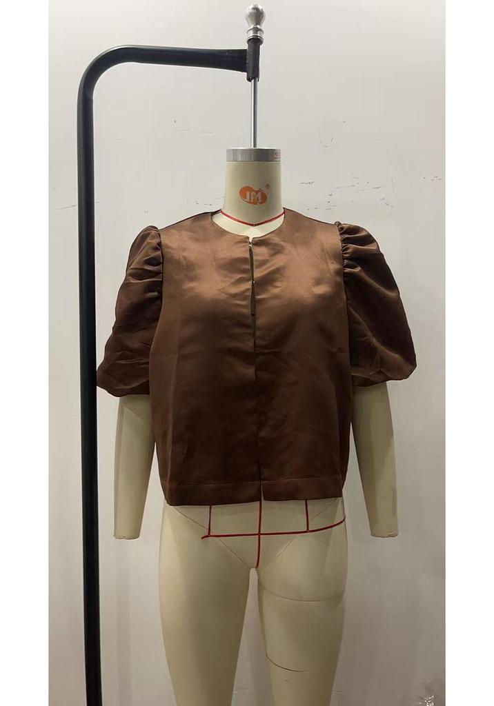Women's Puff Sleeve Round Neck Top - Elegant Commuting Style, Versatile Five-Point Sleeve Blouse