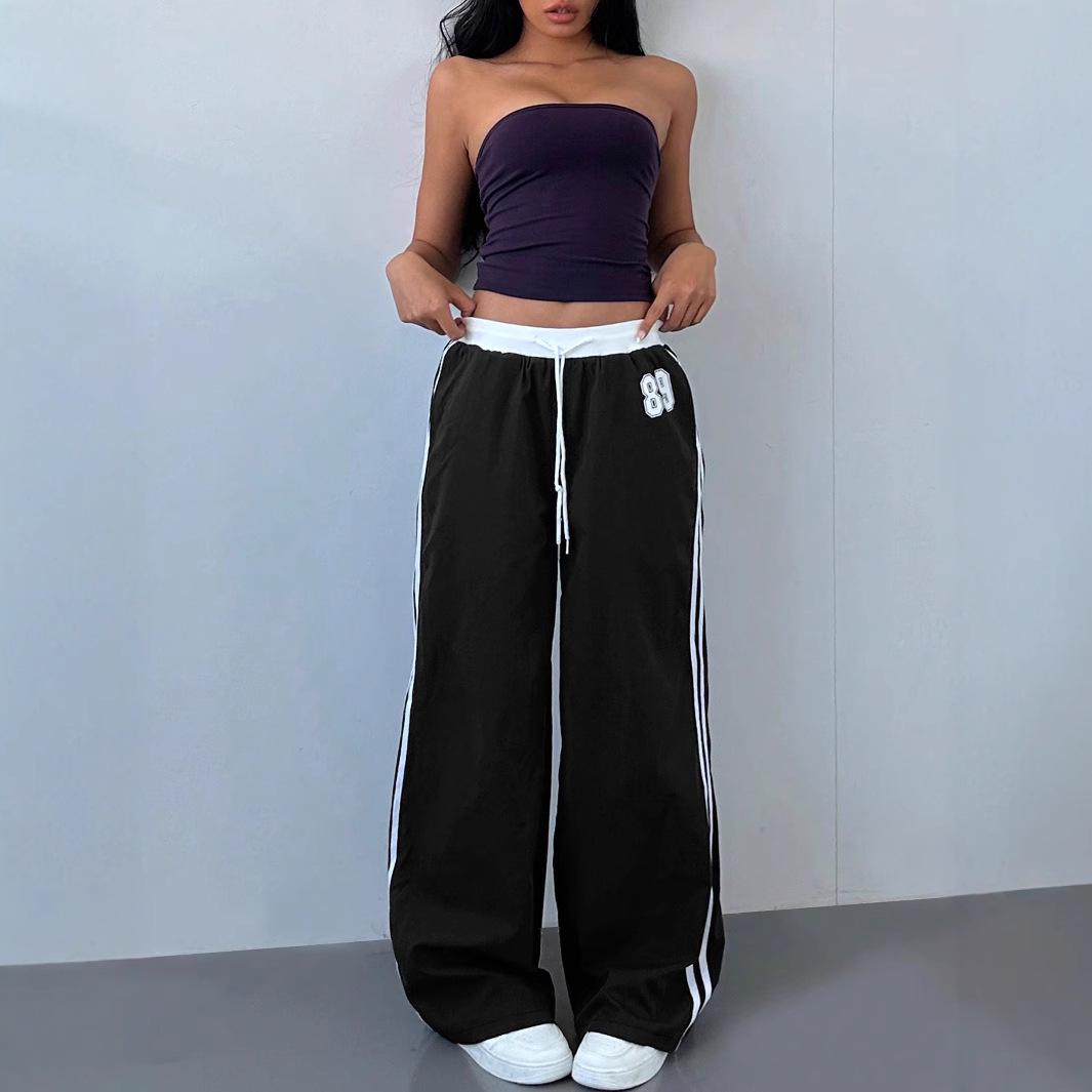 

2025 Spring/Summer High-Waisted Loose Wide-Leg Color Block Drawstring Pants Medium