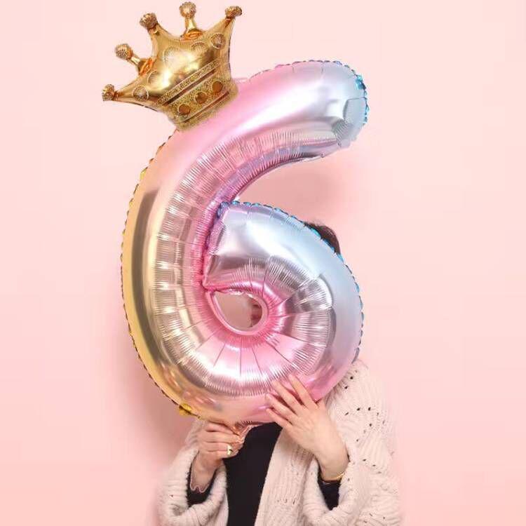 Palloncino Corona Numero Gradiente Arcobaleno da 32 pollici per Decorazione Festa di Compleanno per Bambini
