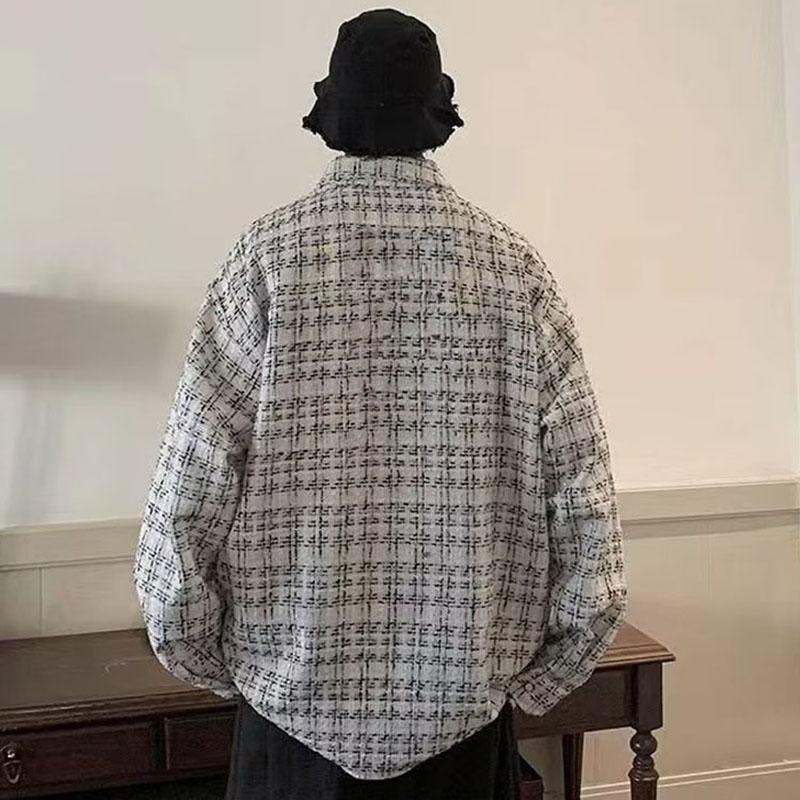 Men's Spring Autumn Winter Woolen Tweed Slim Fit Collarless Jacket Color Blocking Design Youthful Look