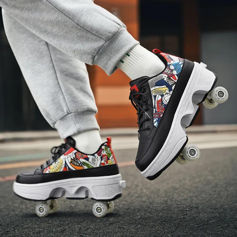

Модные уличные роликовые коньки для мальчиков Взрослые 4-колесные трансформируемые роликовые кроссовки Унисекс Детские для девочек Повседневные кроссовки на колесиках EUR-43