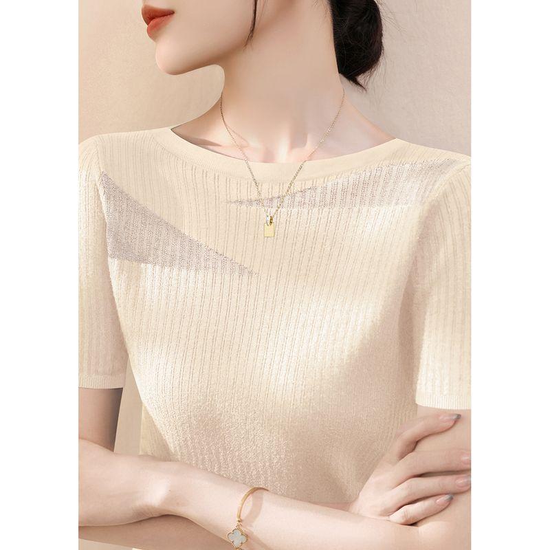 

2024 Новинка Лето Тонкая Сетка Ажурный Полувысокий Воротник Лиоцелл Тенсел Кружево Рукав до Локтя Вязка Ледяной Шелк Топ Apricot ~ Short Sleeve (one-word collar) S