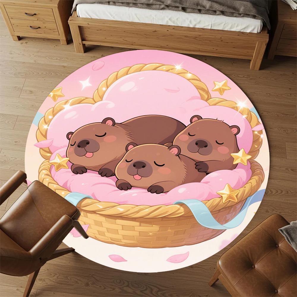 1PC Capybara Basket Cute Round Chair Mat Area Rug - Non-Slip, Floor Mat for Office, Bedroom, Home Decor Christmas Gift C0528031