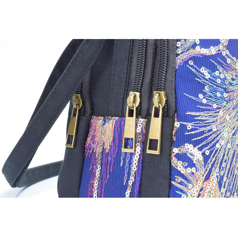 Shiny Sequins Peacock Embroidered Women Canvas Tote Bag  Vintage Zipper Shoulder Bag