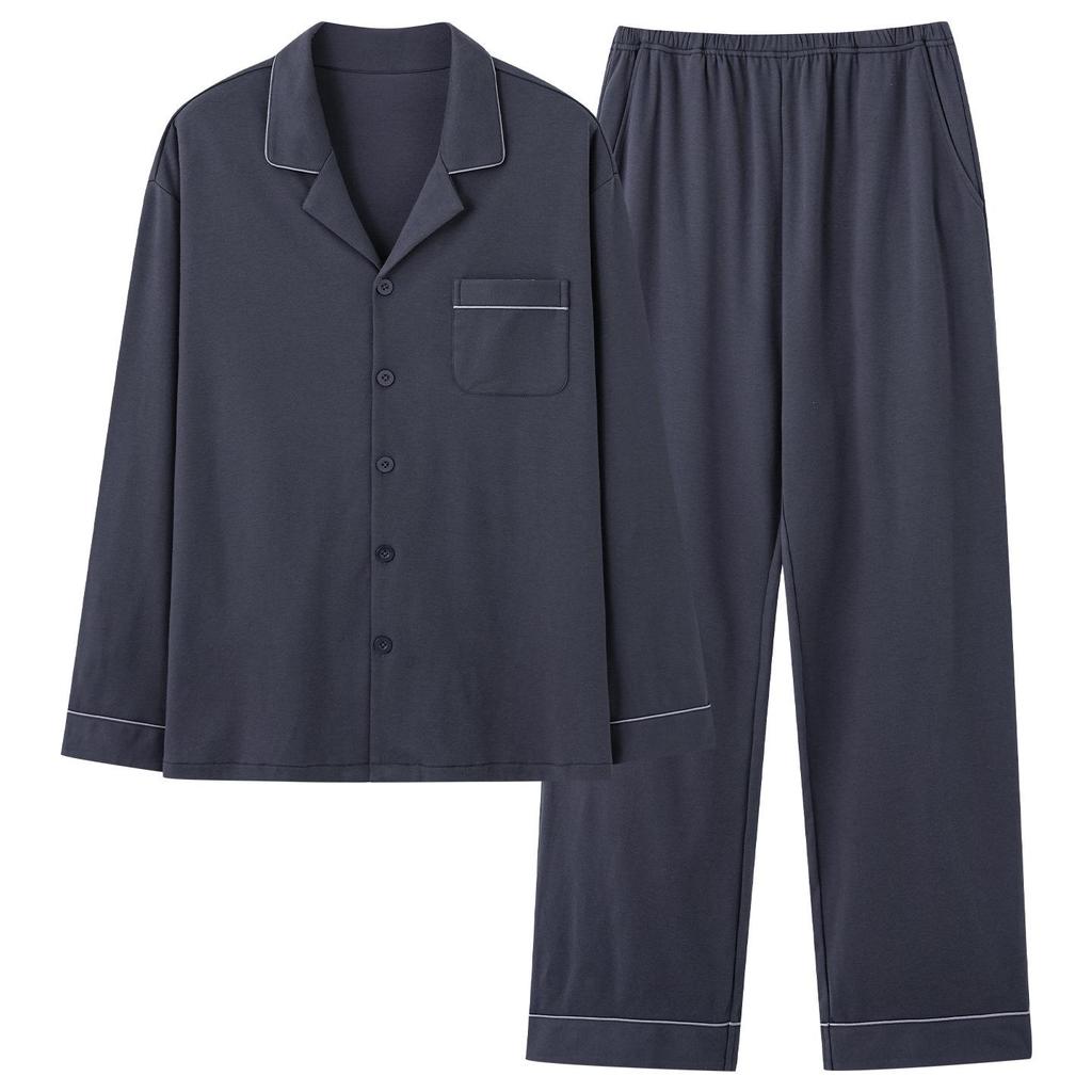 Men's Long Sleeve Cotton Pajama Set, Plus Size, Solid Color, Two-Piece for Spring and Autumn 2025.
