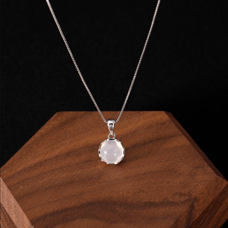 

White Chalcedony Pendant Necklace - Women s Luxury Round Clavicle Chain