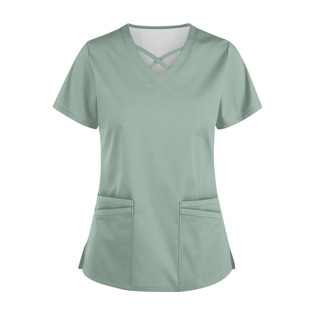 Women’s Short Sleeve V Neck Scrub Top with Cross Neckline and Two Front Pockets for Uniforms