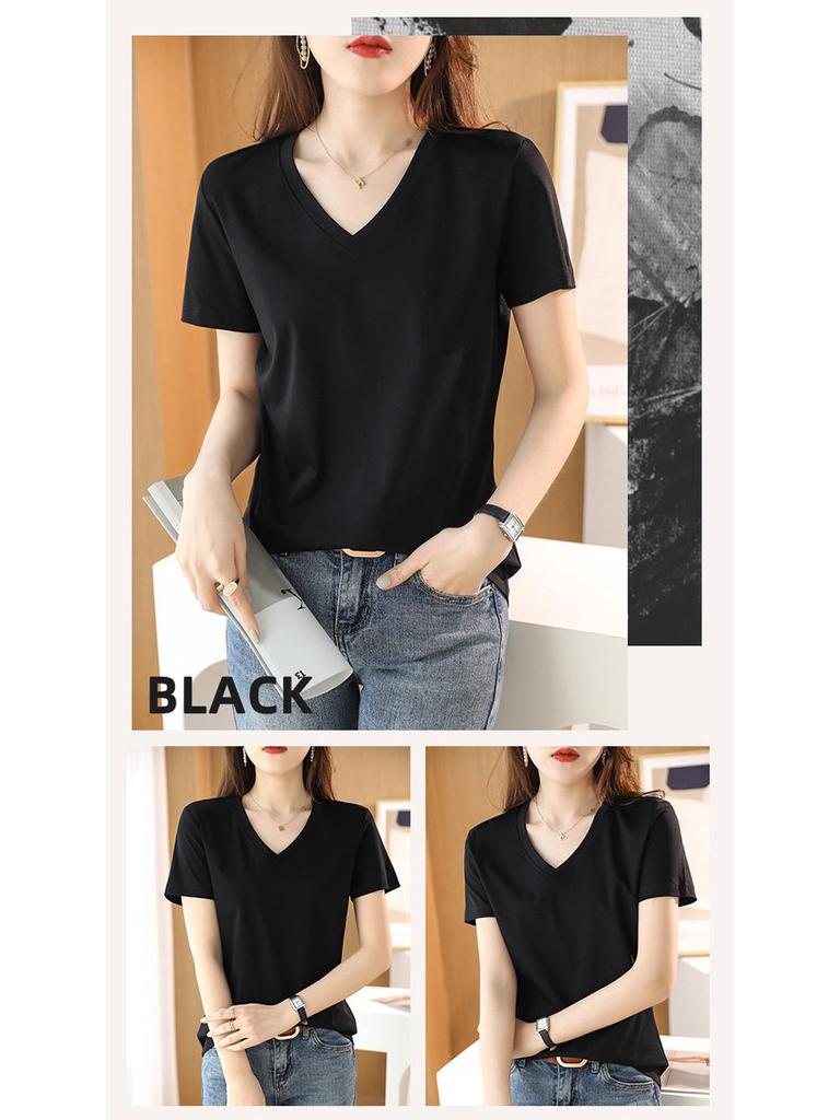 Women's V-Neck Mercerized Cotton Short-Sleeve T-Shirt - 2025 Summer Collection, Sweetheart Neckline