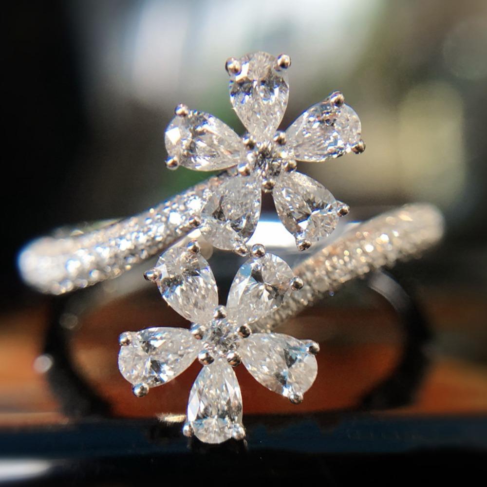 

Open Ring for Women PT950 Simulated Zircon Flower Ring Pear Cut Diamond Ring Elegant Fashion Jewelry adjustable