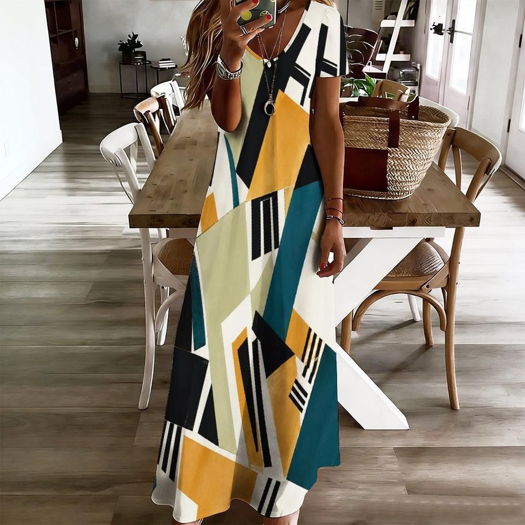 Women Plus Size V Neck Short Sleeve Geometric Printed Straight Long Dress