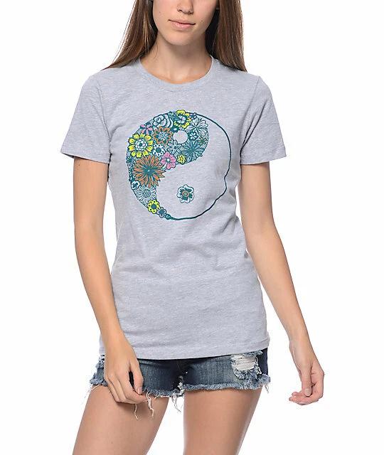 Empyre Womens Yin Yang Floral Graphic Gray Shirt New S, M, L XL