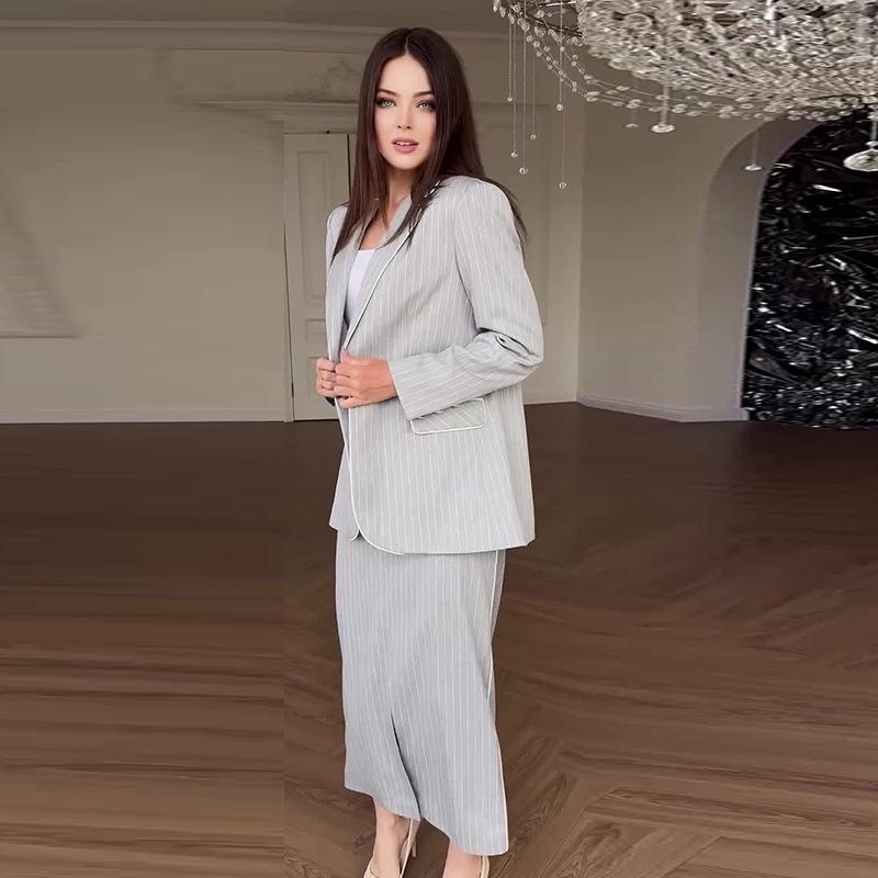 2024 Autumn Women's Solid Color Lapel Suit & Elegant Midi Skirt Set