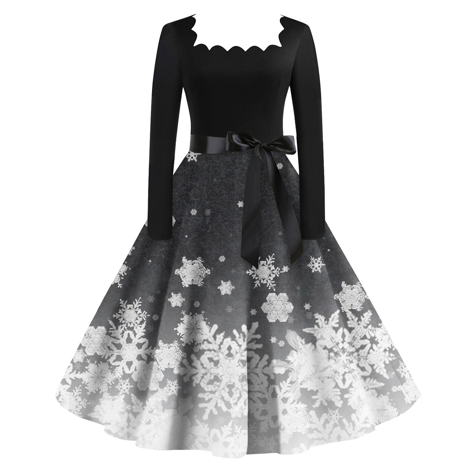 

Жіночі модні вінтажні вечірні сукні з довгим рукавом і квадратним вирізом з різдвяним принтом Сукні L