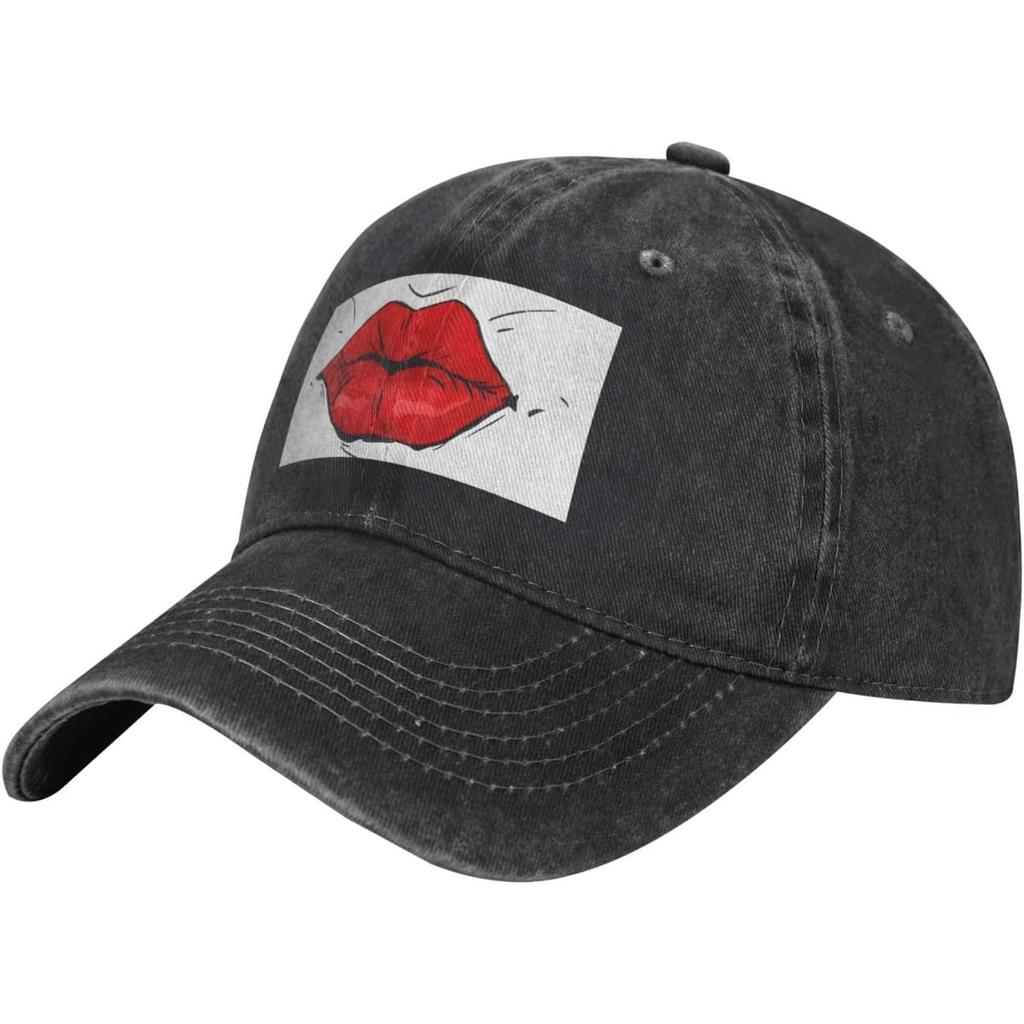 Red Kiss Lips Graphic Washed Denim Baseball Cap Streetwear Outdoor Adjustable Dad Hat