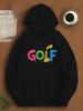 Unisex Hoodie, 1 Unisex Casual Golf Print Hooded Sweatshirt, Polyester Knit Fabric, Loose Fit, with Non-stretch Hood and Bow Tie Style.