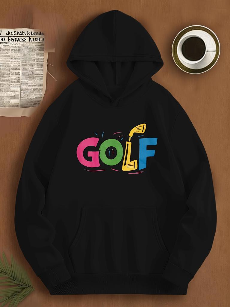Unisex Hoodie, 1 Unisex Casual Golf Print Hooded Sweatshirt, Polyester Knit Fabric, Loose Fit, with Non-stretch Hood and Bow Tie Style.