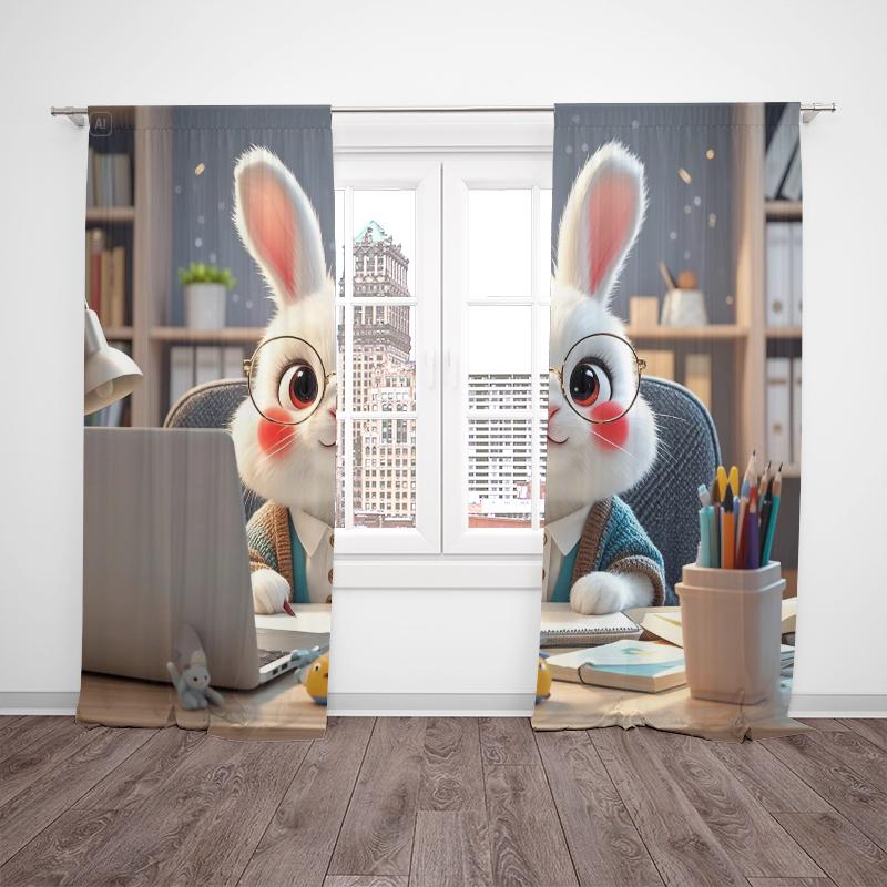 2pcs - Working Rabbit - Printed curtain, polyester semi-transparent - suitable for home decor (excluding poles)