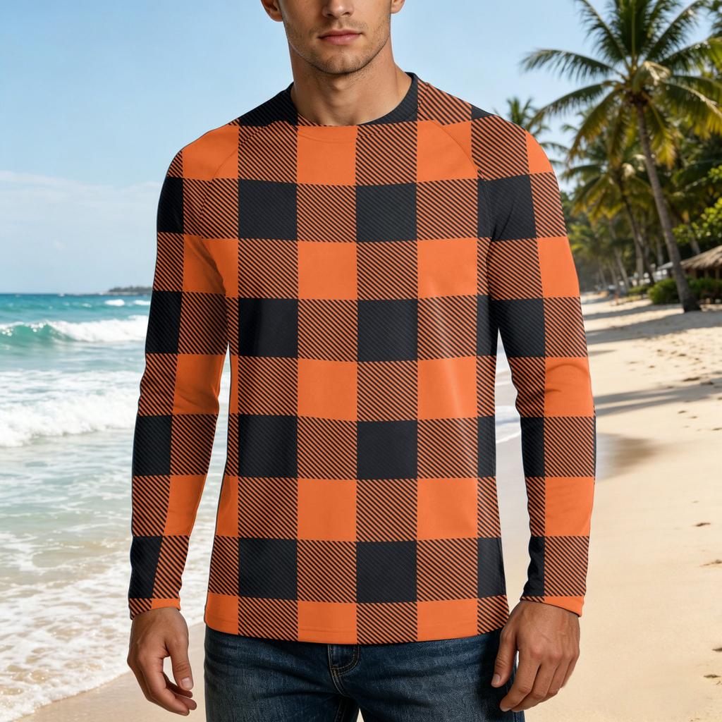 Men Long Sleeve UPF 50 Plus Sun Protection Shirt Outdoor Sports Fishing Casual Top Lightweight Breathable Quick Dry Crewneck Plaid Design