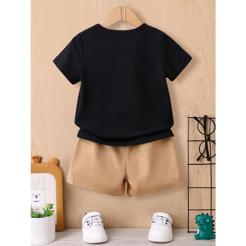 

2pcs Cute Bear and Fun Letter Graphic Print Boys Short Sleeve T-Shirt and Shorts Set - Comfy Summer Kids Clothing 160