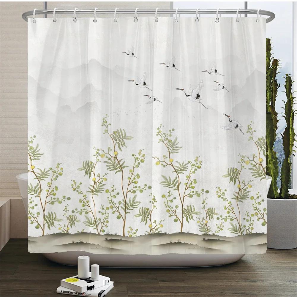 Plant Flowers and Birds Shower Curtain 180x180cm Floral Printed Shower Curtain Polyester Bath Curtain Bathroom Decor With Hooks