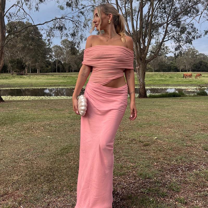 European and American New 2026 Temperament Sexy Solid Color One-word Neck Mesh Waist Slim-fitting Pleated Dress Wholesale