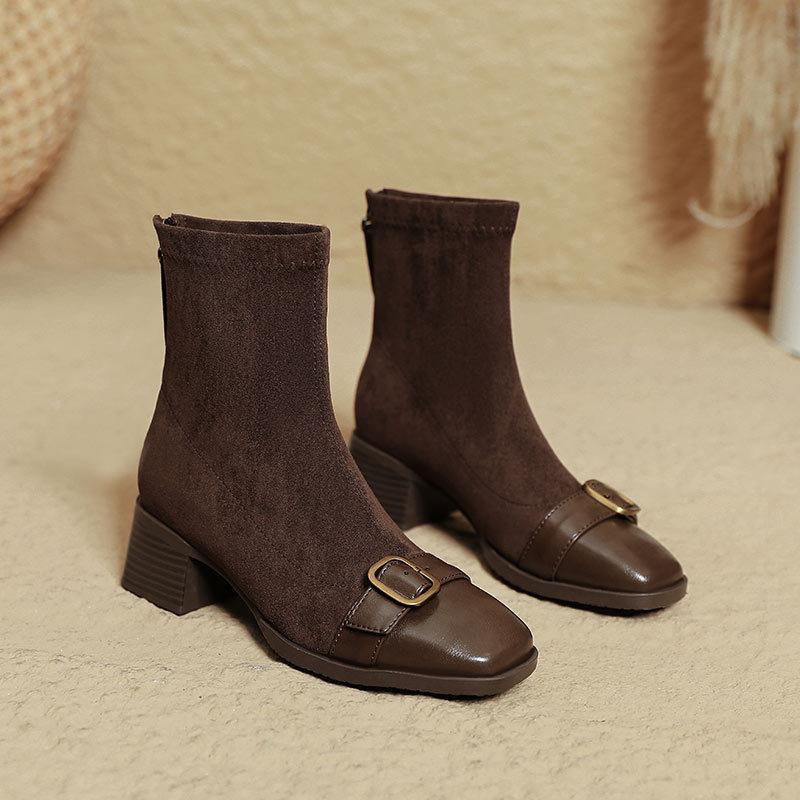 Square head thin boots women's 2025 new thick heel medium boots British retro black suede French small short boots