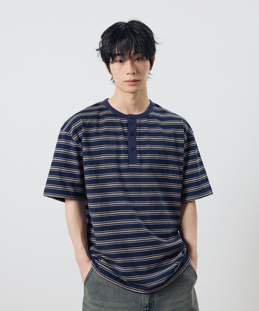 Dibsenseu Striped Henley Neck Short Sleeve T-Shirt - Blue
