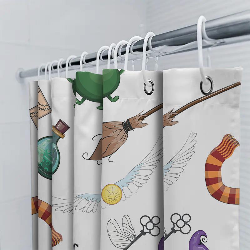 Harry Potter-themed Shower Curtain Featuring a Broomstick, Wand, Pumpkin Patch, and Magical Creatures Perfect for Halloween! (It