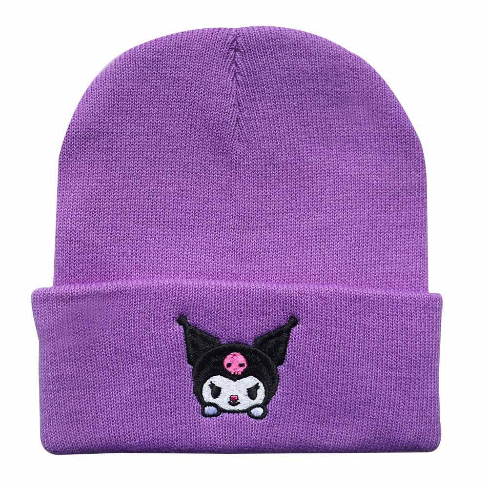 Men's and Women's Autumn and Winter Cartoon Knitted Hats with Kuromi Embroidery, Warm Beanie Hats for Students