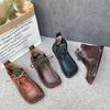 Johnature Square Toe Short Boots Genuine Leather Lace-up Retro Versatile Women Soft Sole Flat Shoes