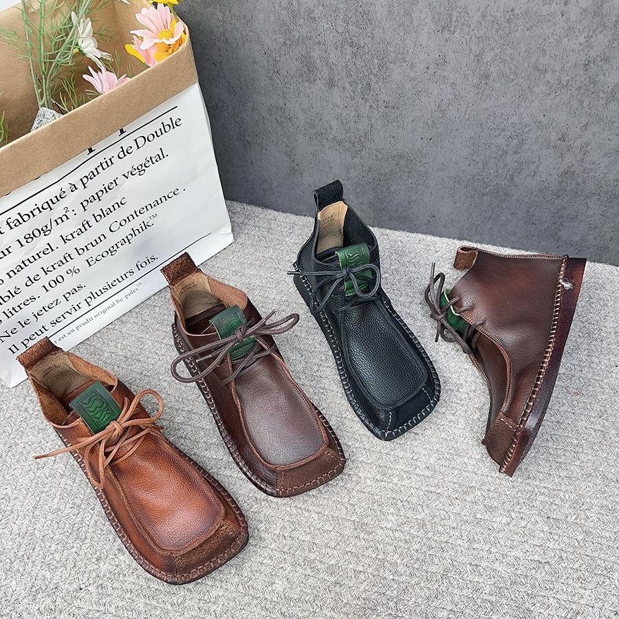 Johnature Square Toe Short Boots Genuine Leather Lace-up Retro Versatile Women Soft Sole Flat Shoes