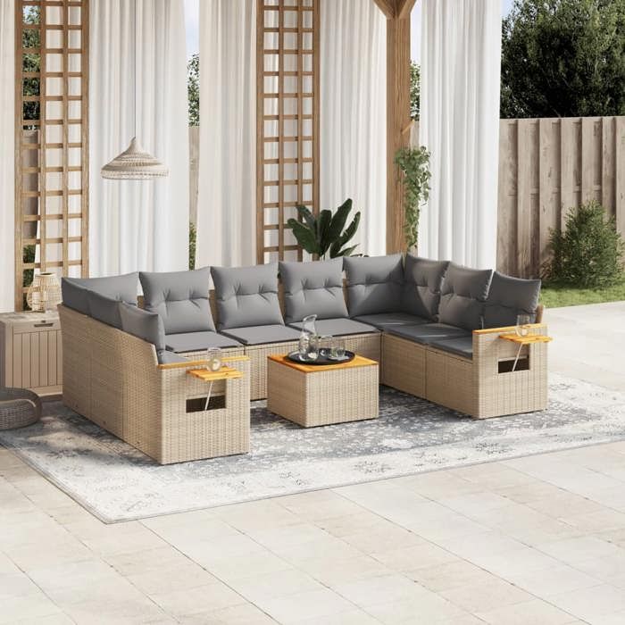 VidaXL Salon de Jardin avec Coussins 10 pcs, Canapés de Terrasse, Ensemble de Meubles de Patio, Mobilier d'Extérieur, Beige 3227123