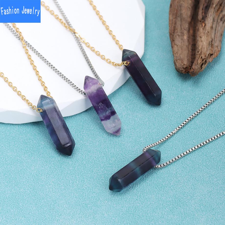 Natural crystal colorful fluorite double pointed column pendant necklace women's stainless steel clavicle chain