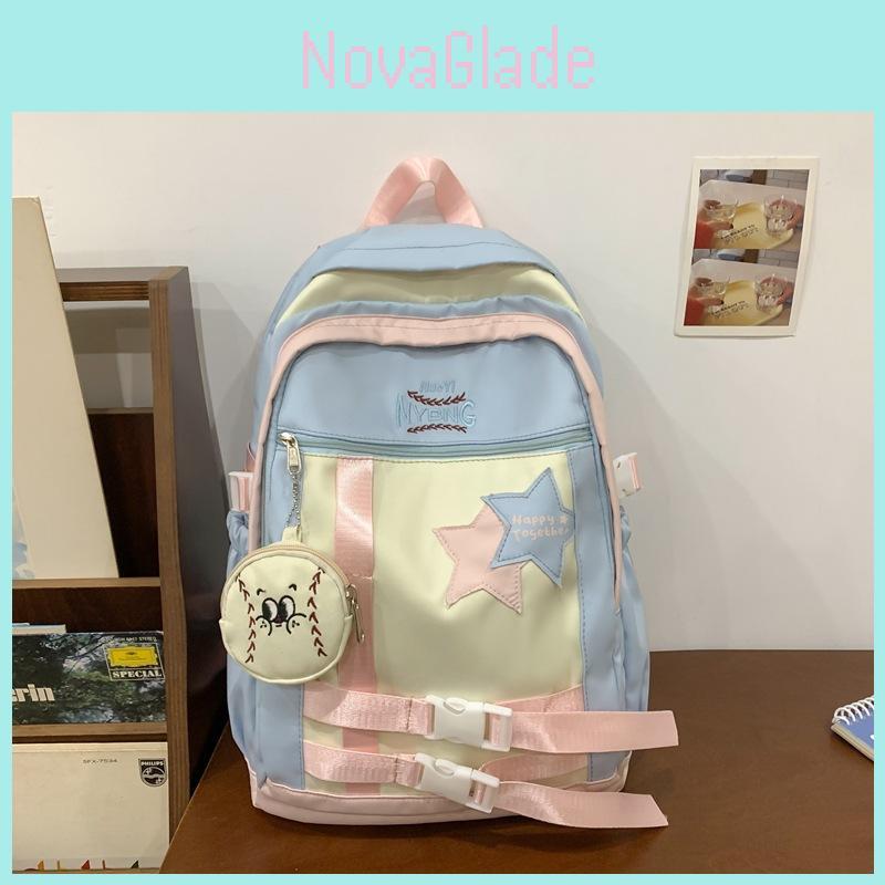 Fashionable Color Blocked Letter Embroidery Star Decoration Student Backpack For School Education
