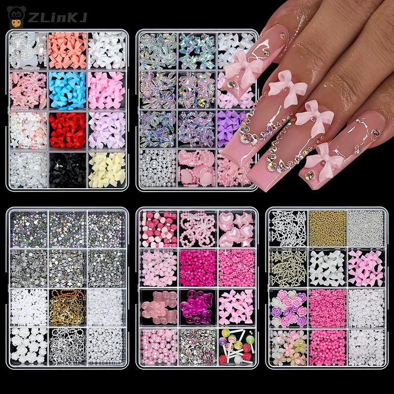 12 Grid Nail Resin Bowknot Bear Nails Art Charms Bowknots Heart Flower Kawaii Diy Decor Lollipop 3D Manicure Rhinestone Tools