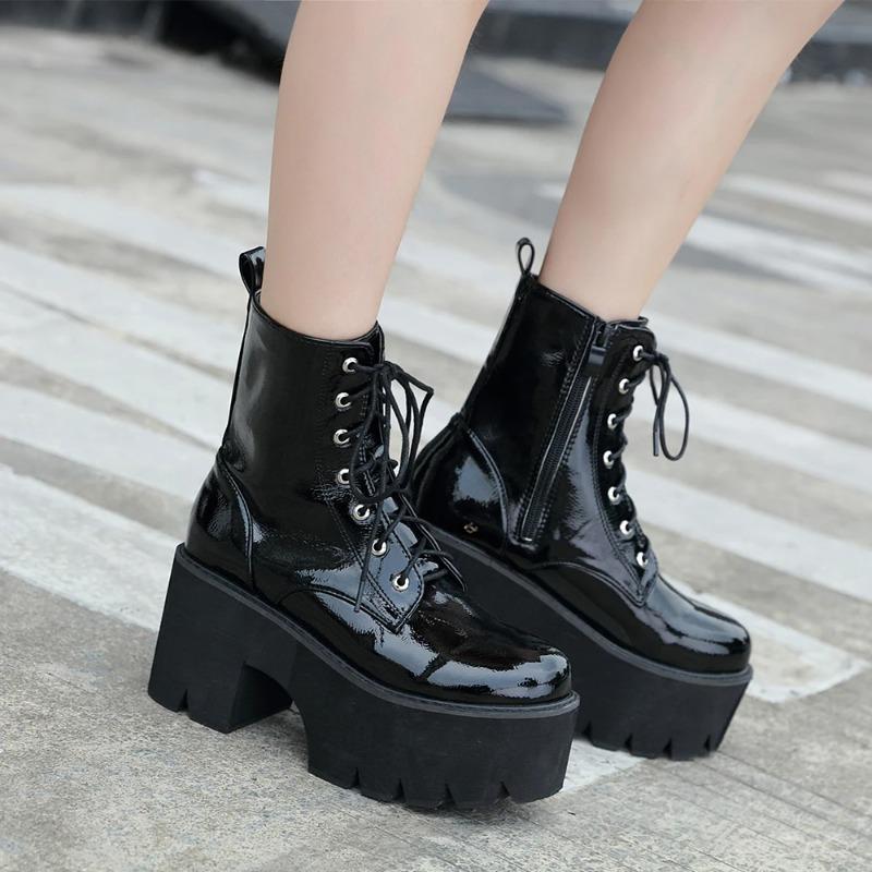 Fashion Women's Side Zipper Platform Boots Comfy Round Toe Lace Up Shoes Fashion Solid Color Comabt Boots Chunky Heels