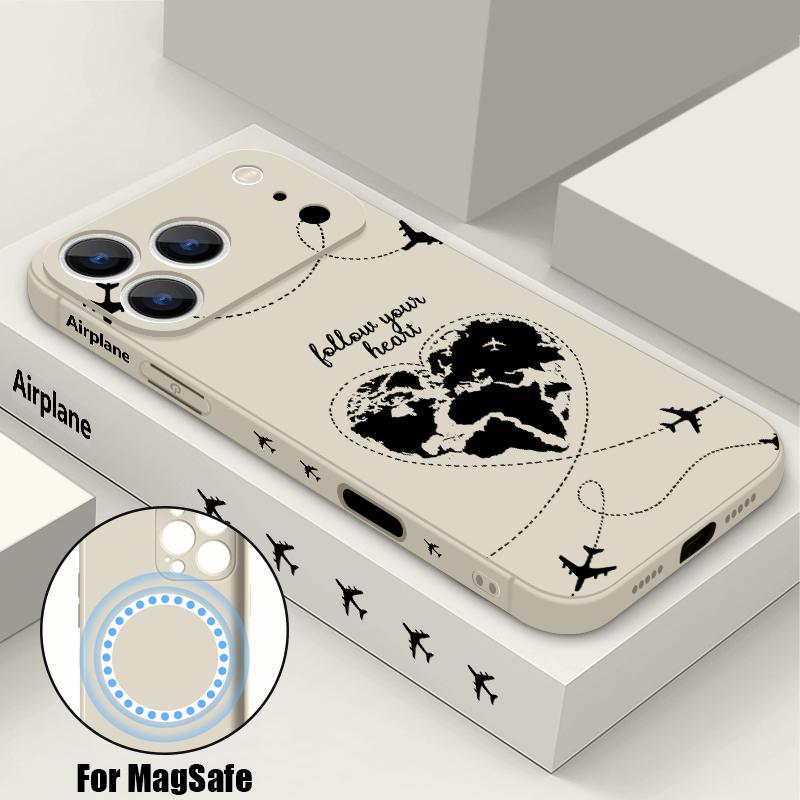 Flugzeug Herz Kartenprint Hülle Für iPhone 17 Pro Max Magnetisch Für Magsafe Weiche Hülle Für iPhone 16 Pro Max 15 14 13 16E Air